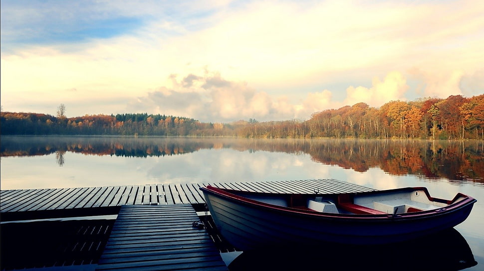gray wooden boat, lake, boat, pier, trees HD wallpaper
