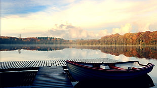 gray wooden boat, lake, boat, pier, trees