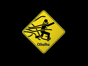 yellow and black road sign, Cthulhu, warning signs, humor, minimalism HD wallpaper