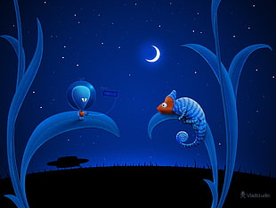 blue chameleon on grass under crescent moon illustration, Vladstudio, aliens, UFO, Moon HD wallpaper
