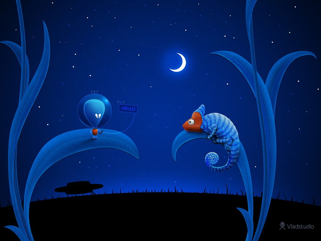 blue chameleon on grass under crescent moon illustration, Vladstudio, aliens, UFO, Moon
