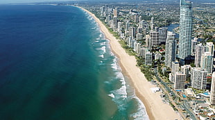 aerial photo of sea shore and city high rise buildings, landscape, beach, Gold Coast, Australia