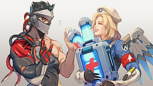 male and female androids digital wallpaper, Overwatch, video games, Genji (Overwatch), Combat Medic Ziegler HD wallpaper