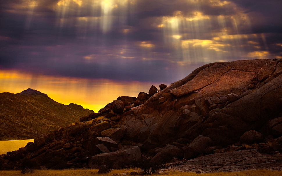 rock mountain, landscape, rock, sun rays, mountains HD wallpaper