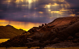 rock mountain, landscape, rock, sun rays, mountains HD wallpaper