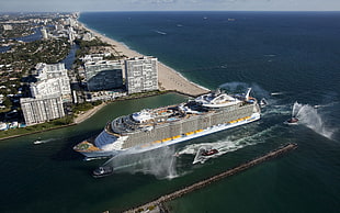 white cruiser ship, cruise ship, Port Everglades, Allure of the Seas, cityscape