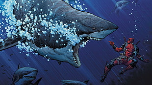 Deadpool illustration, Deadpool, shark, Marvel Comics, animals