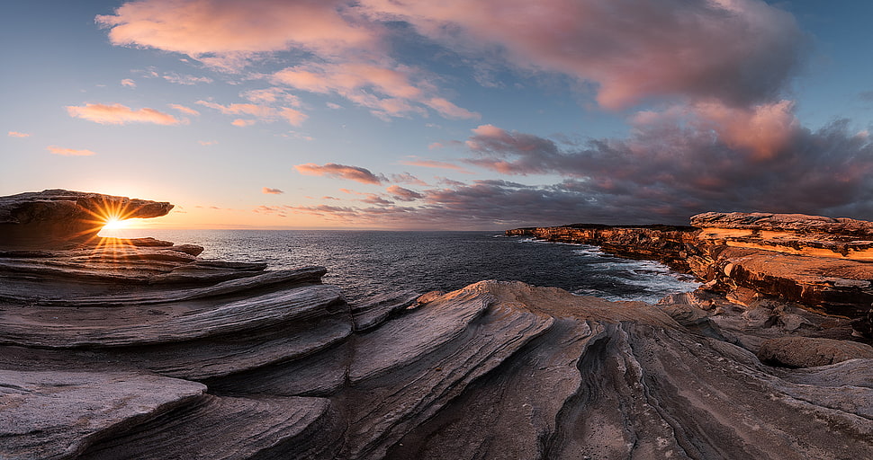 brown cliff, sunset, Australia, Sydney, Cape Solander HD wallpaper