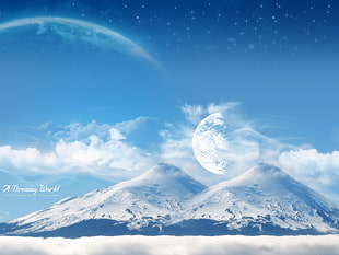 white and blue water falls, snow, mountains, digital art, planet