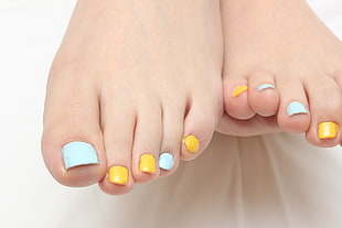 yellow-and-blue pedicure, feet, fetish