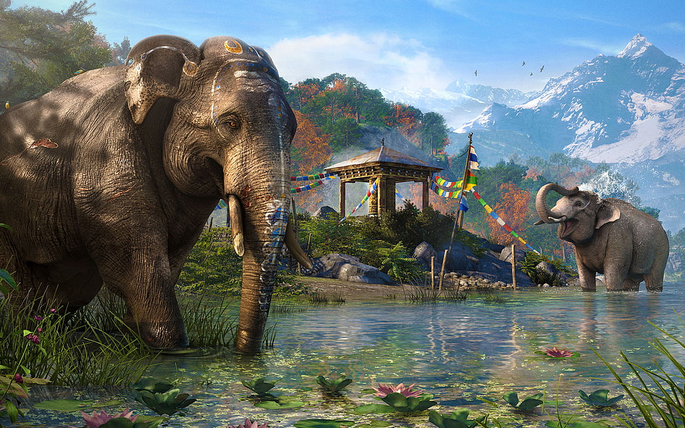 illustration of elephants and temple nearly on lake HD wallpaper