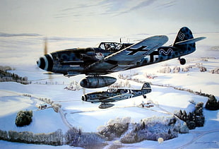 two bi-plane on air painting, Messerschmitt, Messerschmitt Bf-109, World War II, Germany HD wallpaper