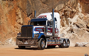 white and blue freight truck, trucks, Truck, rock, vehicle