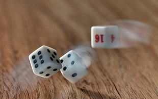 three white dices, table, dice, cube, dots