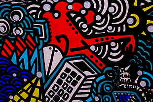 multicolored doodle art, street art, lines