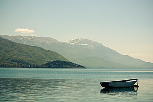 gray boat, Ohrid, lake, Macedonia, mountains