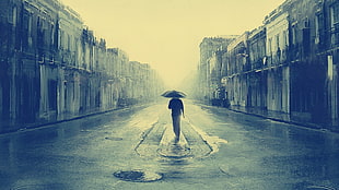 painting of man holding umbrella in middle of road, loneliness, filter, artwork, street