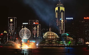 Philips logo, city, lights, skyscraper, fountain