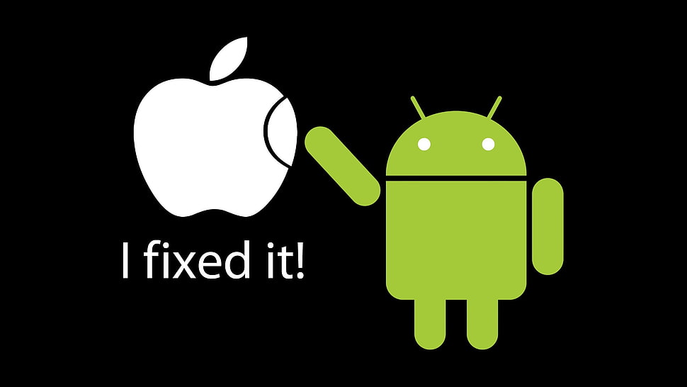 Apple logo and Android logo, Apple Inc., Android (operating system), black background, humor HD wallpaper