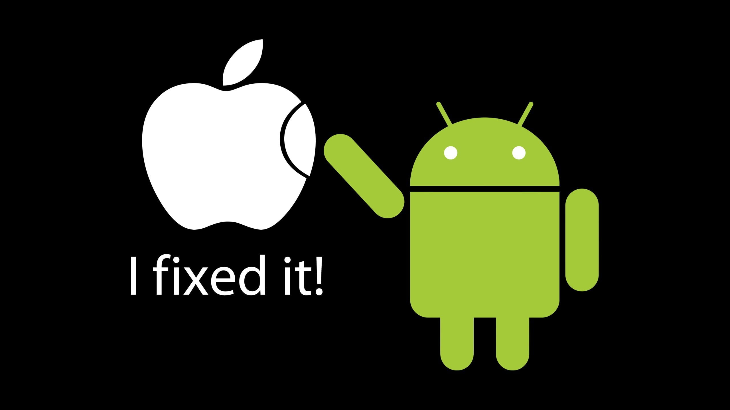 Apple logo and Android logo, Apple Inc., Android (operating system), black background, humor