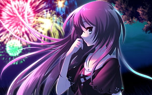 purple-haired anime character digital wallpaper