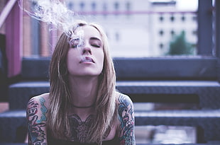 women's black strapless top, women, tattoo, closed eyes, smoking HD wallpaper