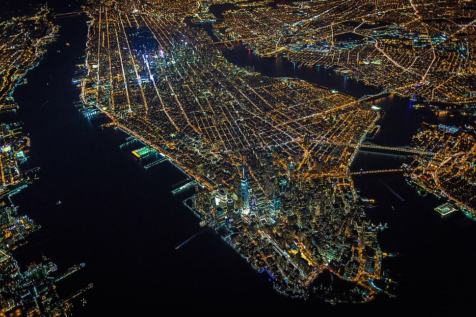 aerial photo of city, New York City, USA, night, city HD wallpaper