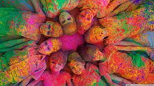 painted children lying on ground, holi festival , colorful, children HD wallpaper