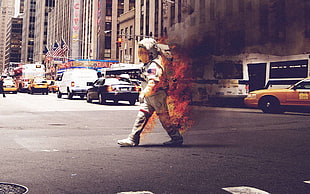 astronaut suit, fire, traffic, New York City, flag