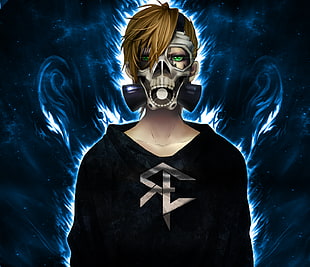male anime character wallpaper, gas masks, anime, skull, fire
