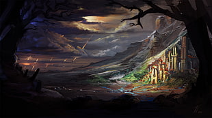 house and mountain painting, digital art, fantasy art, trees, meteors