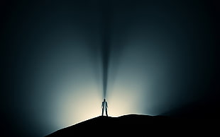 silhouette photo of man standing on hill, lights, shadow, hills, photography