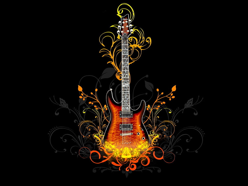 electric guitar on fire illustration HD wallpaper