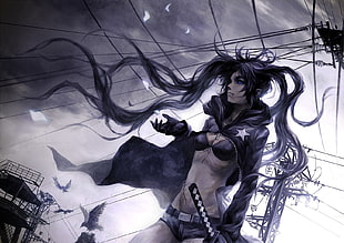 black haired women holding sword illustratoin