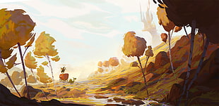 yellow and orange trees painting, illustration, fantasy art