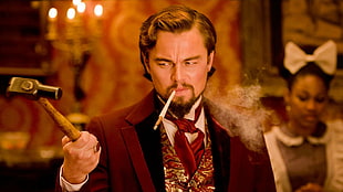 men's red suit jacke, movies, Django Unchained, Leonardo DiCaprio