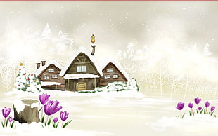 brown 3-storey house covered with snow cartoon wallpaper