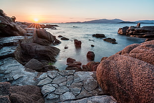 brown rock, rock, sea, Corsica, nature HD wallpaper