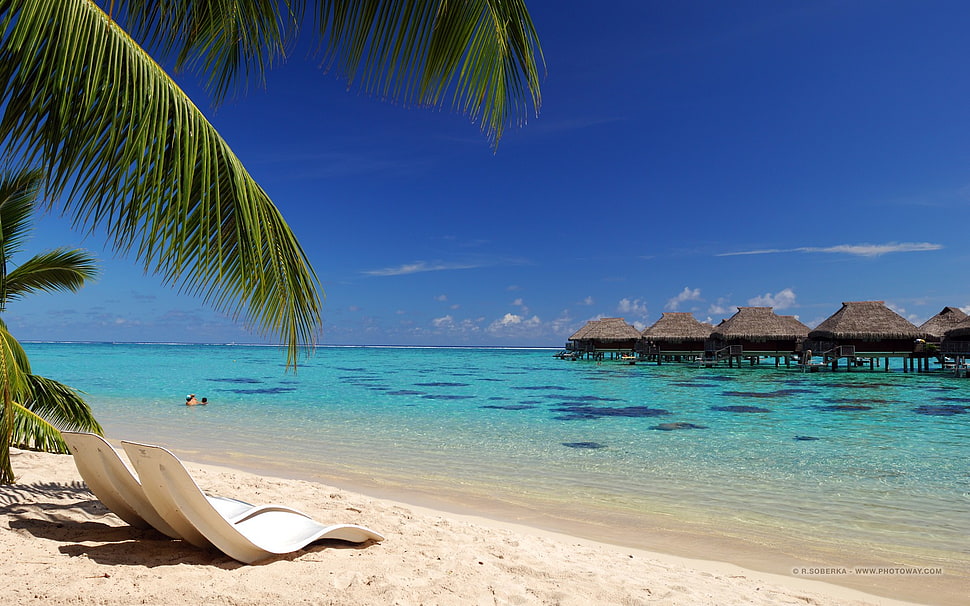 two gray lounge chairs, beach HD wallpaper