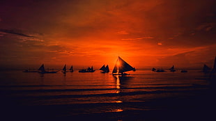 sailboats and ocean, red sky, sailboats, sunset, sea