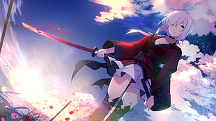 gray-haired woman holding katana with blood stains illustration