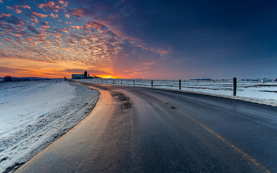gray concrete oad, road, landscape, clouds HD wallpaper