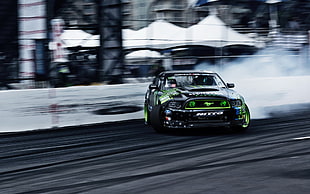 black and green Ford Mustang, Ford Mustang, Monster Energy, drift HD wallpaper