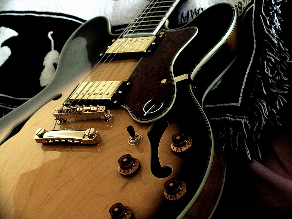 brown and black Epiphone guitar, epiphone, musical instrument, guitar, black HD wallpaper