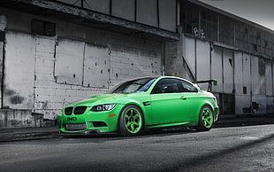green BMW coupe, car, green, rims, selective coloring