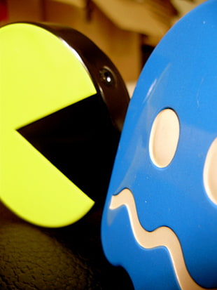 two Pacman character plastic toys, Pac-Man 