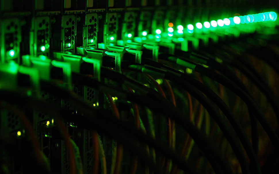 black coated cables with green lighted LEDs HD wallpaper