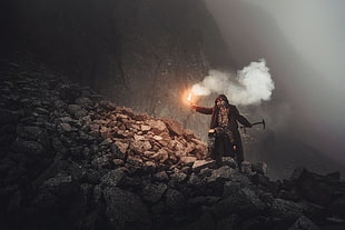 men's black cloak, smoke, rock, mountains, mist