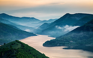 body of water surrounded by mountains, nature, landscape, mist, lake