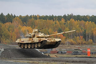 brown and beige camouflage battle tank, T-90, tank, military
